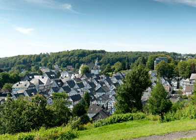 Ein Blick auf eine kleine Stadt mit traditionellen Schieferdachhäusern, umgeben von Bäumen und Grünflächen unter einem klaren Himmel.