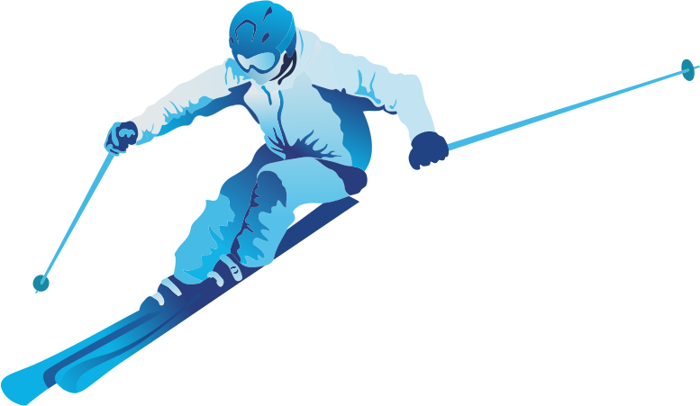Illustration einer Person, die in Winterkleidung mit Helm und Skibrille bergab fährt, die Skistöcke hält und sich in eine Kurve lehnt.