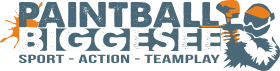 Paintball Biggesee Logo mit einem stilisierten Paintballspieler, fetten orangefarbenen Farbspritzern und dem Text Sport - Action - Teamplay unter dem Haupttitel.