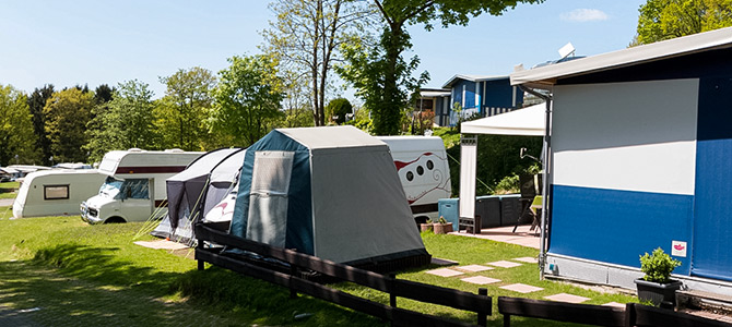 Verschillende caravans en tenten staan op gras op een camping, met bomen en gebouwen op de achtergrond op een zonnige dag.