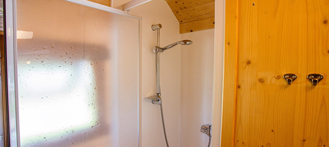 Een douchecabine met een glazen deur, een aan de muur bevestigde douchekop en een houten wand met haken aan de rechterkant.